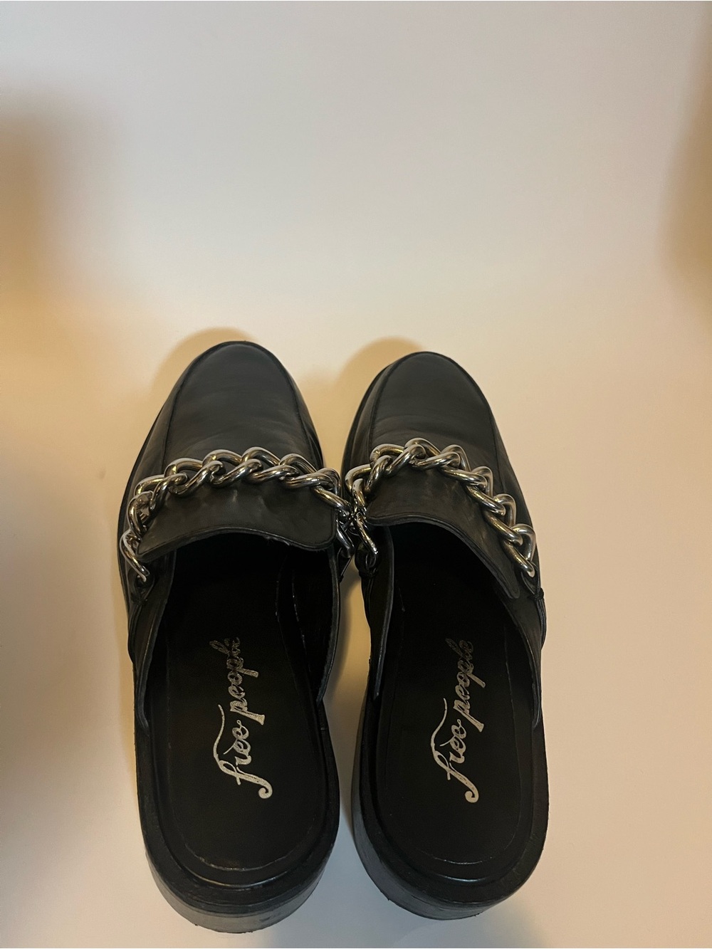 Free People Black Leather Mule Loafers with Silver Chain